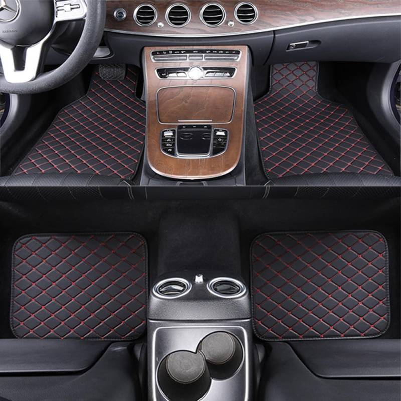 Auto Fußmatten, 4PCS Universal PU Leder Auto Fußmatte All-Wetter Schutz Teppich vorne und hinten Anti-Rutsch-Matten Set Autozubehör für 99% Modelle (schwarz-rot) von MIOLOE