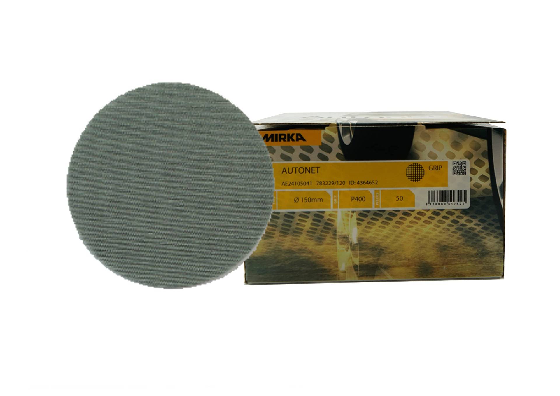 Mirka AE24105041 Autonet Sanding Disc - 150mm Grip - P400 Grit - Körnung: Aluminiumoxid auf Kunstharz über Kunstharz - PA Netz / PES Netz - Beschichtung: Geschlossen - Grau - Packung enthält 50 Stück von MIRKA