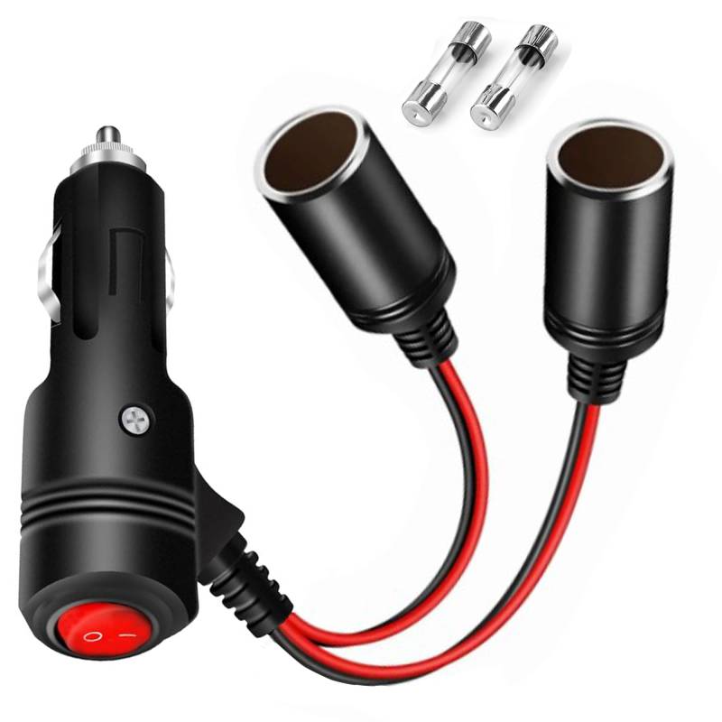MISYNLON Auto Zigarettenanzünder Splitter, 12V 2 Buchse Zigarettenanzünder Adapter Verlängerung Stecker Kabel mit Ein/Aus-Schalter, Fahrzeug 2-Wege-Y-Adapter mit Dual Power Charger Port 15A Fuse von MISYNLON