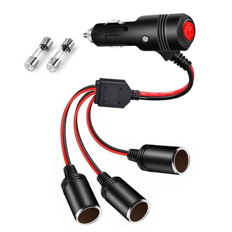 MISYNLON Auto Zigarettenanzünder Splitter mit Schalter, 12V 3 Buchse Zigarettenanzünder Adapter Y Kabel, 1 bis 3 Auto DC Stromversorgung Verlängerungskabel Ladegerät Port, mit 15A Sicherungen-0.3M von MISYNLON