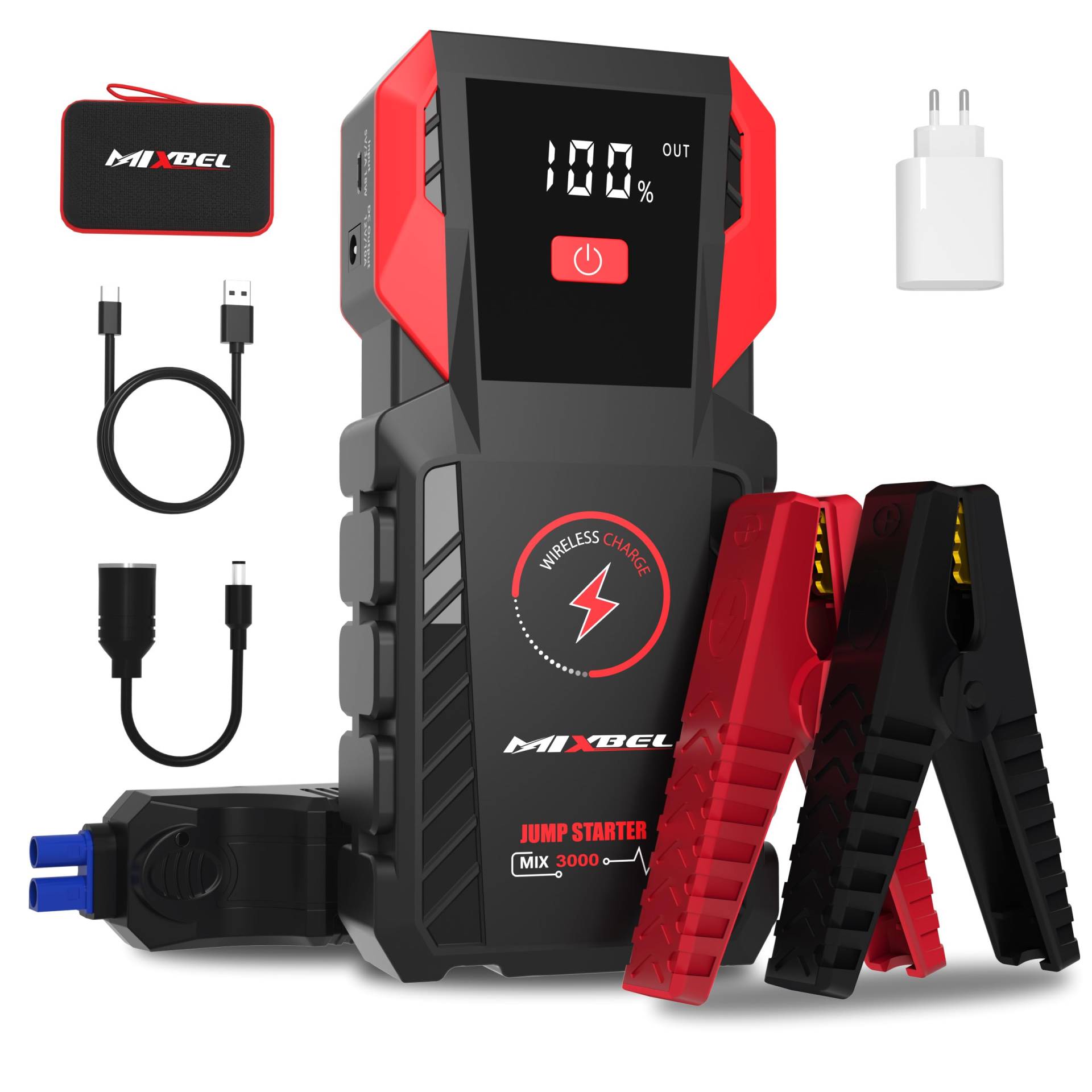 MIXBEL Starthilfe Powerbank, 3000A Spitzenstrom 12V Auto Starthilfe Powerbank 24000 mAh für bis zu 8L Benzin oder 8L Dieselmotor Starter Powerbank mit LED-Licht, USB QC 3.0, Kabelloses Laden MIXBEL Starthilfe Powerbank, 3000A Spitzenstrom 12V Auto Starthilfe Powerbank 24000 mAh für bis zu 8L Benzin oder 8L Dieselmotor Starter Powerbank mit LED-Licht, USB QC 3.0, Kabelloses Laden von MIXBEL