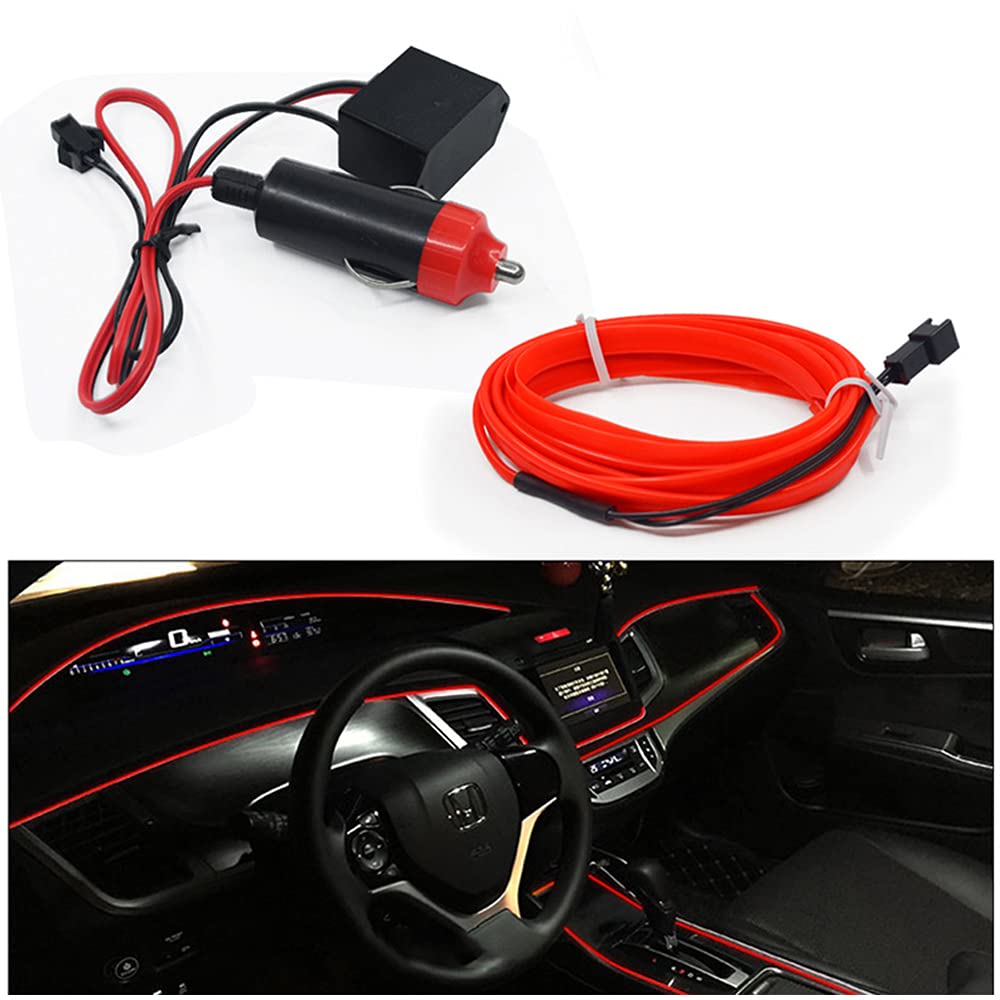 Auto Streifenlichter Multicolor RGB Autoinnenraum EL Wire Fiber Optic Umgebungsbeleuchtungs Kits mit Zigarettenanzünder Treiber (Red, 3m/9.8ft) von MIYUED