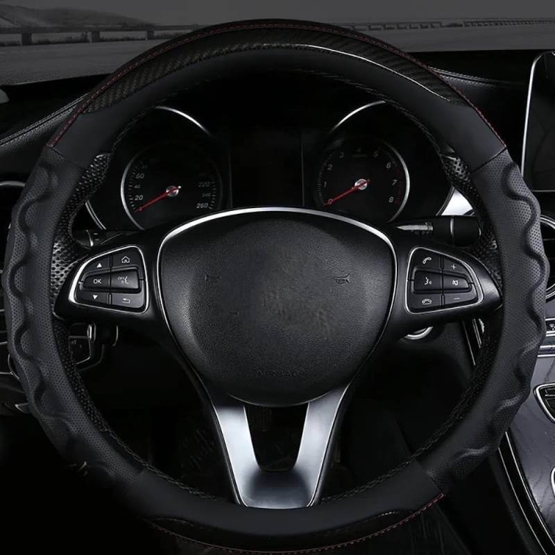 Carbonfaser Auto Lenkradbezug Für Evoque Cabriolet 2016-2020 2021 2022 2023, Sport Anti Rutsch Universal Lenkradbezug, Lenkrad Abdeckung Echtes Leder, Autozubehör,Black-Round von MKWGZPGW