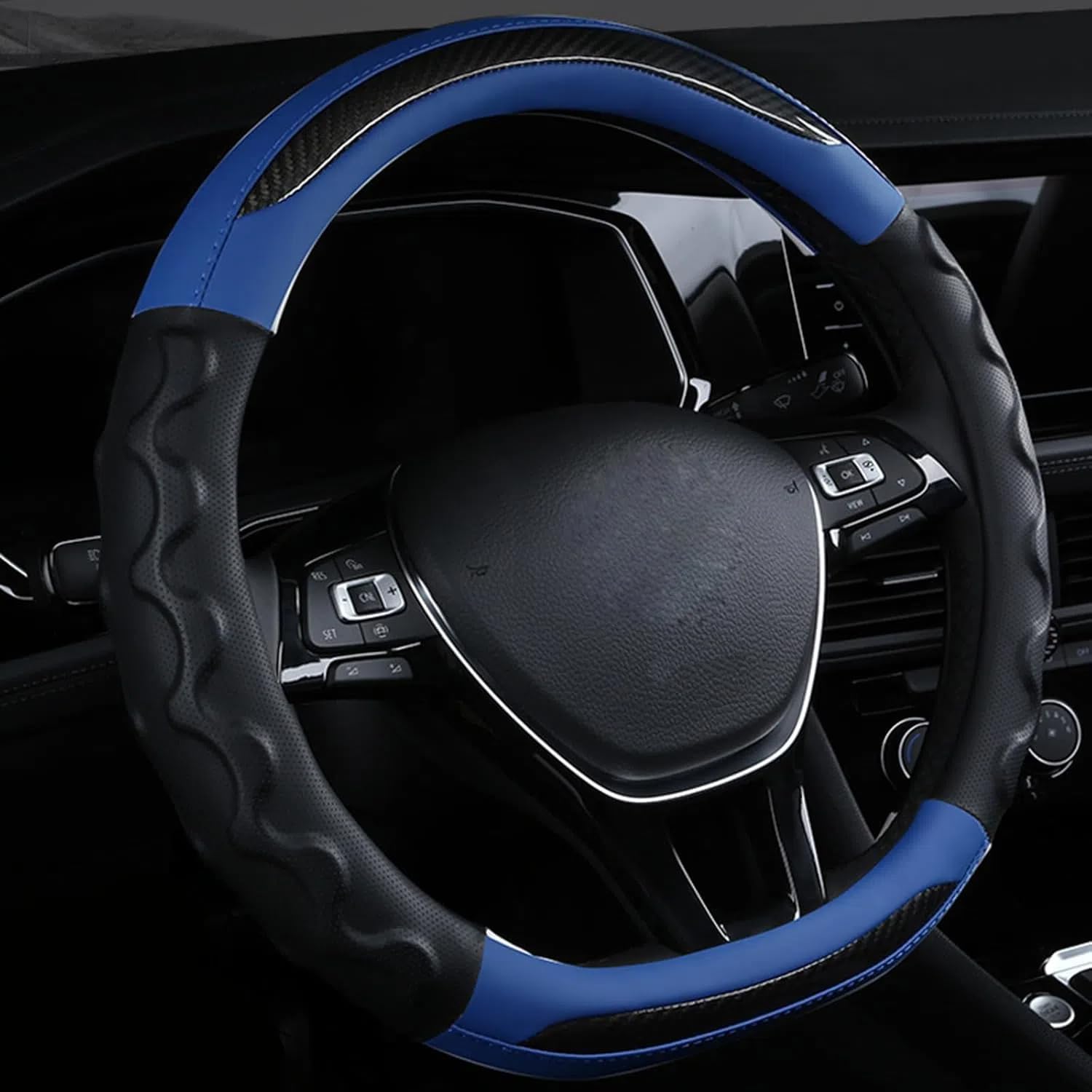 Carbonfaser Auto Lenkradbezug Für Evoque Cabriolet 2016-2020 2021 2022 2023, Sport Anti Rutsch Universal Lenkradbezug, Lenkrad Abdeckung Echtes Leder, Autozubehör,Blue-D Shaped Carbonfaser Auto Lenkradbezug Für Evoque Cabriolet 2016-2020 2021 2022 2023, Sport Anti Rutsch Universal Lenkradbezug, Lenkrad Abdeckung Echtes Leder, Autozubehör,Blue-D Shaped von MKWGZPGW