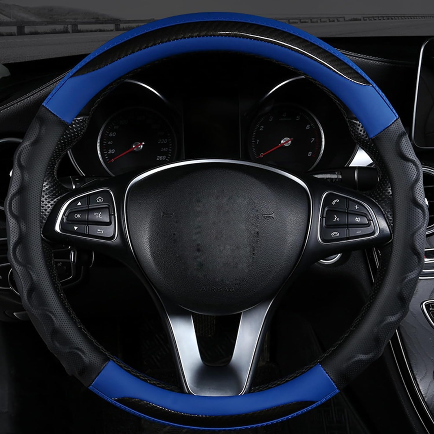Carbonfaser Auto Lenkradbezug Für Evoque Cabriolet 2016-2020 2021 2022 2023, Sport Anti Rutsch Universal Lenkradbezug, Lenkrad Abdeckung Echtes Leder, Autozubehör,Blue-Round Carbonfaser Auto Lenkradbezug Für Evoque Cabriolet 2016-2020 2021 2022 2023, Sport Anti Rutsch Universal Lenkradbezug, Lenkrad Abdeckung Echtes Leder, Autozubehör,Blue-Round von MKWGZPGW