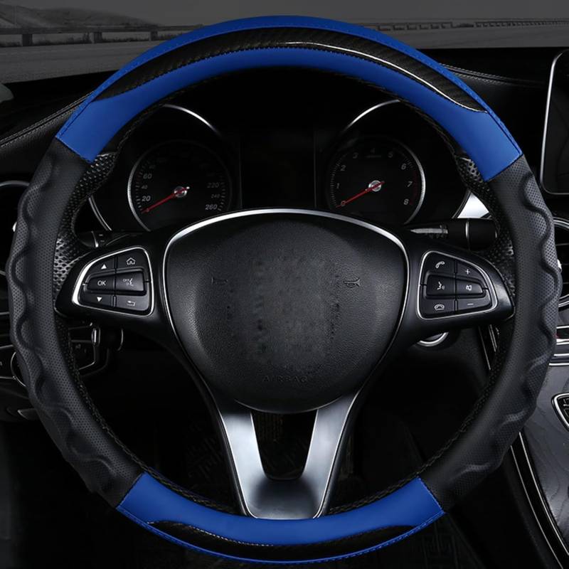Carbonfaser Auto Lenkradbezug Für Evoque Cabriolet 2016-2020 2021 2022 2023, Sport Anti Rutsch Universal Lenkradbezug, Lenkrad Abdeckung Echtes Leder, Autozubehör,Blue-Round von MKWGZPGW