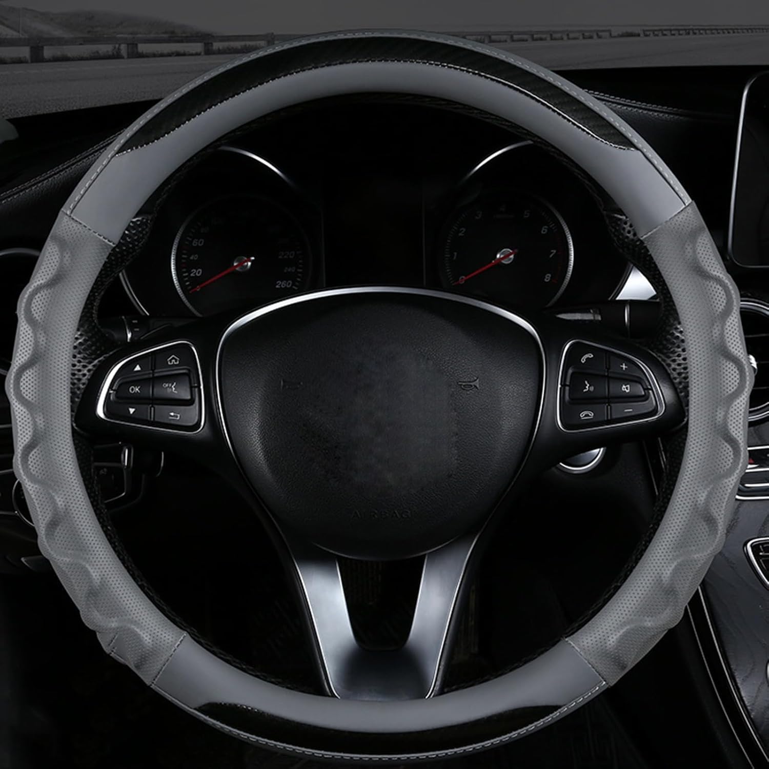 Carbonfaser Auto Lenkradbezug Für Evoque Cabriolet 2016-2020 2021 2022 2023, Sport Anti Rutsch Universal Lenkradbezug, Lenkrad Abdeckung Echtes Leder, Autozubehör,Grey-Round Carbonfaser Auto Lenkradbezug Für Evoque Cabriolet 2016-2020 2021 2022 2023, Sport Anti Rutsch Universal Lenkradbezug, Lenkrad Abdeckung Echtes Leder, Autozubehör,Grey-Round von MKWGZPGW