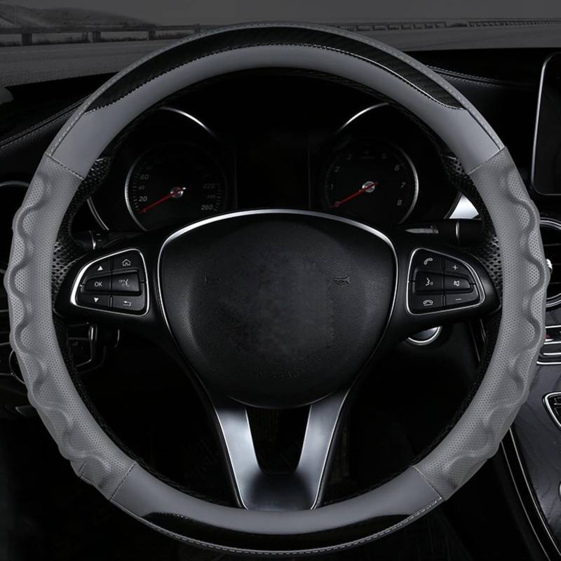 Carbonfaser Auto Lenkradbezug Für Evoque Cabriolet 2016-2020 2021 2022 2023, Sport Anti Rutsch Universal Lenkradbezug, Lenkrad Abdeckung Echtes Leder, Autozubehör,Grey-Round von MKWGZPGW