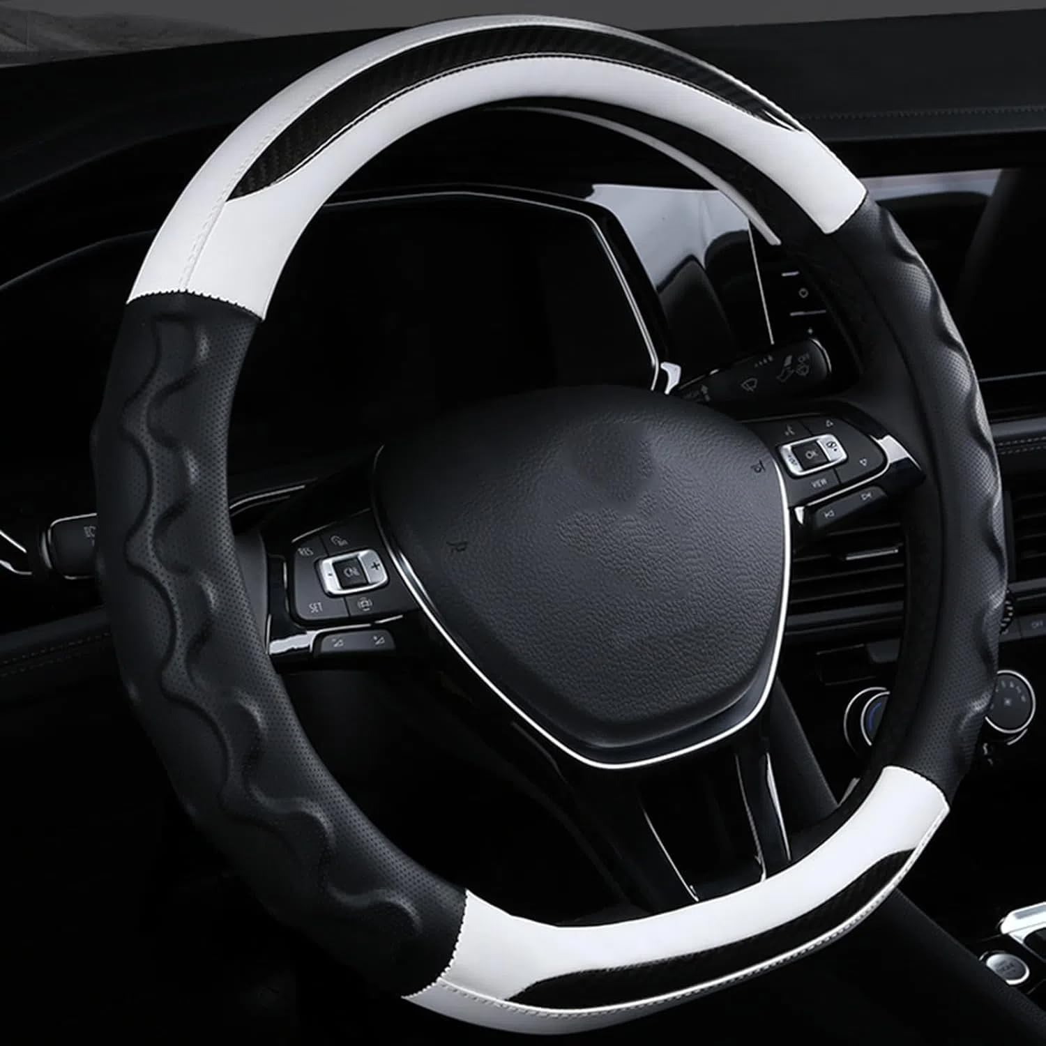 Carbonfaser Auto Lenkradbezug Für Evoque Cabriolet 2016-2020 2021 2022 2023, Sport Anti Rutsch Universal Lenkradbezug, Lenkrad Abdeckung Echtes Leder, Autozubehör,White-D Shaped Carbonfaser Auto Lenkradbezug Für Evoque Cabriolet 2016-2020 2021 2022 2023, Sport Anti Rutsch Universal Lenkradbezug, Lenkrad Abdeckung Echtes Leder, Autozubehör,White-D Shaped von MKWGZPGW
