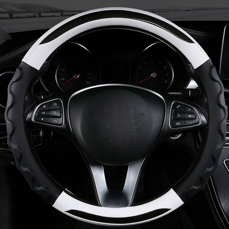 Carbonfaser Auto Lenkradbezug Für Evoque Cabriolet 2016-2020 2021 2022 2023, Sport Anti Rutsch Universal Lenkradbezug, Lenkrad Abdeckung Echtes Leder, Autozubehör,White-Round von MKWGZPGW