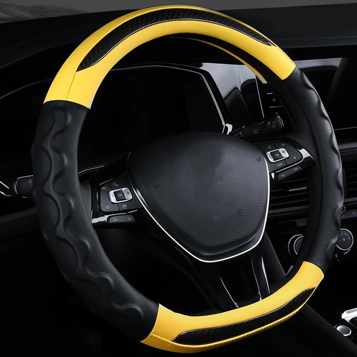 Carbonfaser Auto Lenkradbezug Für Evoque Cabriolet 2016-2020 2021 2022 2023, Sport Anti Rutsch Universal Lenkradbezug, Lenkrad Abdeckung Echtes Leder, Autozubehör,Yellow-D Shaped Carbonfaser Auto Lenkradbezug Für Evoque Cabriolet 2016-2020 2021 2022 2023, Sport Anti Rutsch Universal Lenkradbezug, Lenkrad Abdeckung Echtes Leder, Autozubehör,Yellow-D Shaped von MKWGZPGW