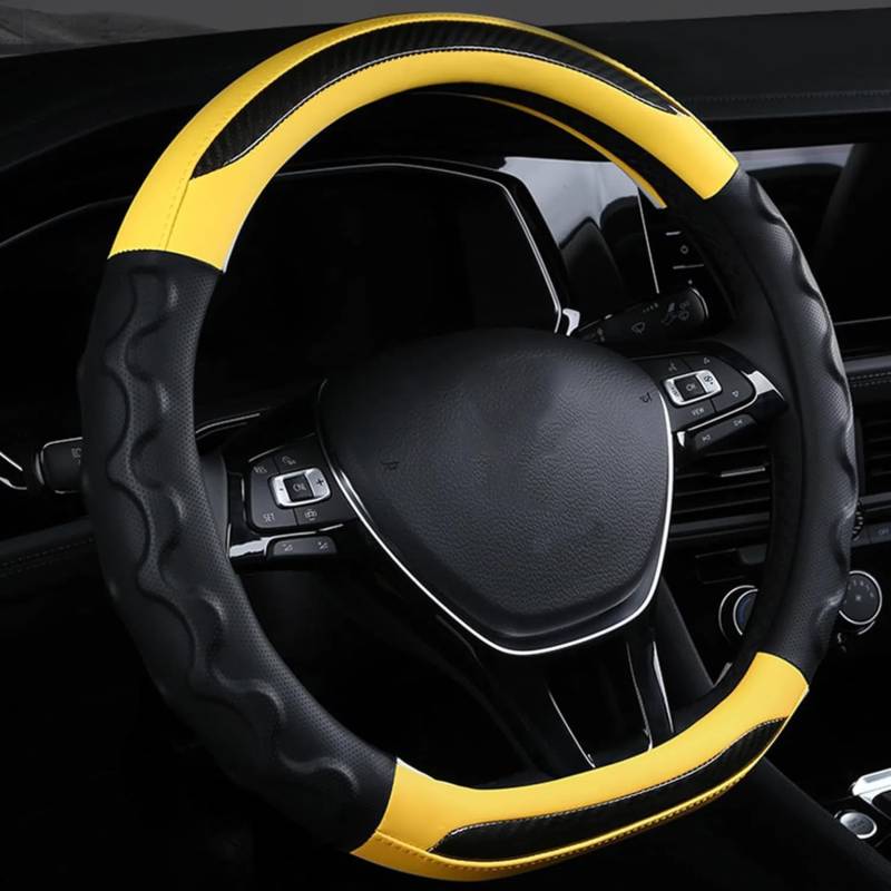 Carbonfaser Auto Lenkradbezug Für Evoque Cabriolet 2016-2020 2021 2022 2023, Sport Anti Rutsch Universal Lenkradbezug, Lenkrad Abdeckung Echtes Leder, Autozubehör,Yellow-D Shaped von MKWGZPGW