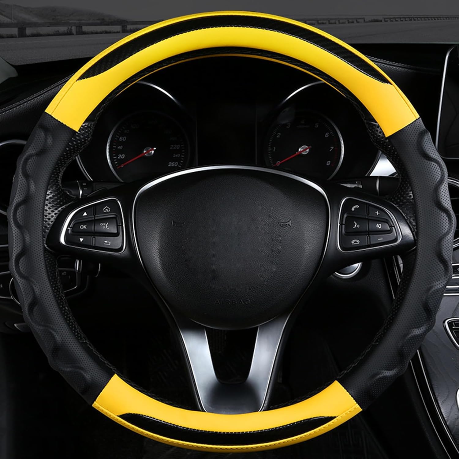Carbonfaser Auto Lenkradbezug Für Evoque Cabriolet 2016-2020 2021 2022 2023, Sport Anti Rutsch Universal Lenkradbezug, Lenkrad Abdeckung Echtes Leder, Autozubehör,Yellow-Round Carbonfaser Auto Lenkradbezug Für Evoque Cabriolet 2016-2020 2021 2022 2023, Sport Anti Rutsch Universal Lenkradbezug, Lenkrad Abdeckung Echtes Leder, Autozubehör,Yellow-Round von MKWGZPGW