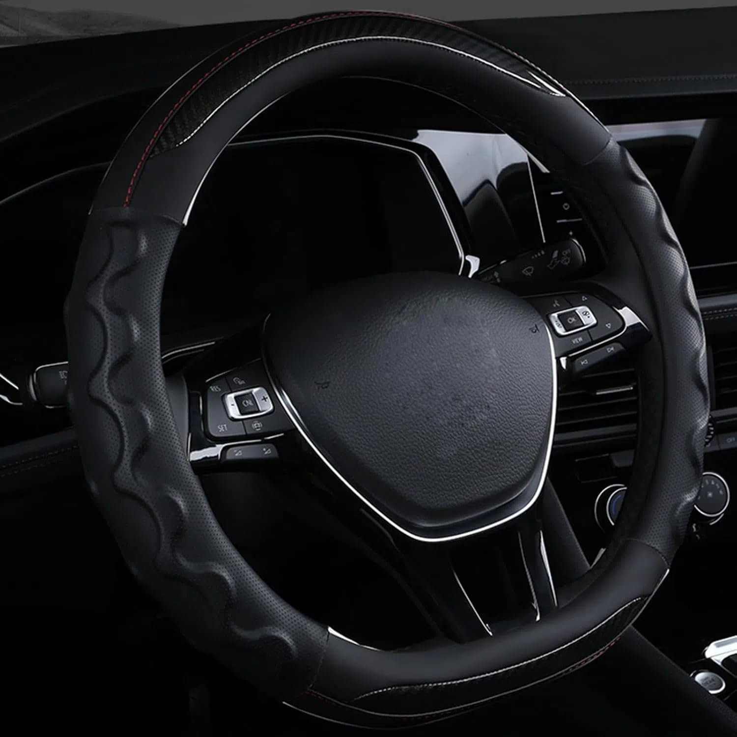 Carbonfaser Auto Lenkradbezug Für Jeep Grand Cherokee 2005-2024 2025, Sport Anti Rutsch Universal Lenkradbezug, Lenkrad Abdeckung Echtes Leder, Autozubehör,Black-D Shaped Carbonfaser Auto Lenkradbezug Für Jeep Grand Cherokee 2005-2024 2025, Sport Anti Rutsch Universal Lenkradbezug, Lenkrad Abdeckung Echtes Leder, Autozubehör,Black-D Shaped von MKWGZPGW