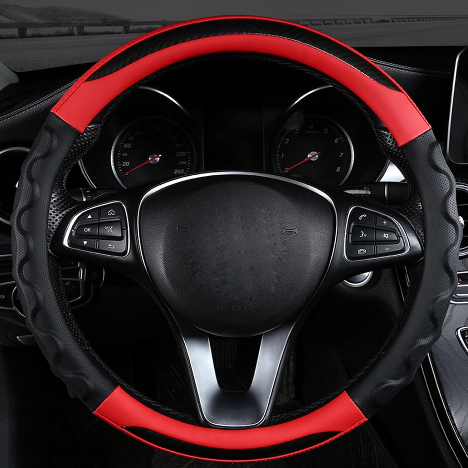 Carbonfaser Auto Lenkradbezug Für Jeep Grand Cherokee 2005-2024 2025, Sport Anti Rutsch Universal Lenkradbezug, Lenkrad Abdeckung Echtes Leder, Autozubehör,Red-Round Carbonfaser Auto Lenkradbezug Für Jeep Grand Cherokee 2005-2024 2025, Sport Anti Rutsch Universal Lenkradbezug, Lenkrad Abdeckung Echtes Leder, Autozubehör,Red-Round von MKWGZPGW