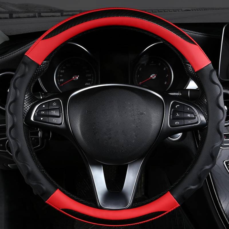 Carbonfaser Auto Lenkradbezug Für Jeep Grand Cherokee 2005-2024 2025, Sport Anti Rutsch Universal Lenkradbezug, Lenkrad Abdeckung Echtes Leder, Autozubehör,Red-Round von MKWGZPGW