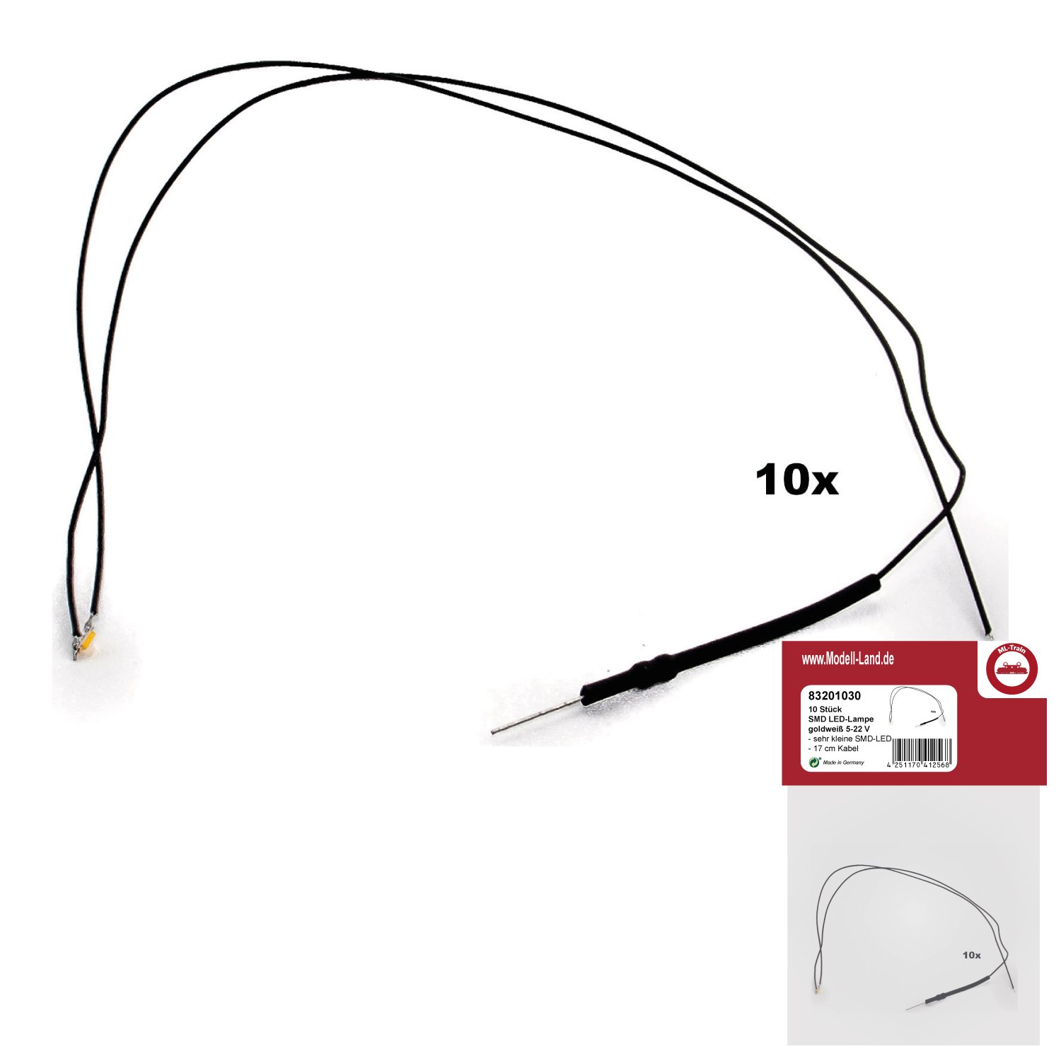 ML-Train SMD LED-Lampe goldweiß 10 Stück 5-19 Volt mit Kabel und mit Vorwiderstand - Geeignet für Analog- und Digitalbetrieb - Gartenbahn Spur G Zubehör ML-Train SMD LED-Lampe goldweiß 10 Stück 5-19 Volt mit Kabel und mit Vorwiderstand - Geeignet für Analog- und Digitalbetrieb - Gartenbahn Spur G Zubehör von ML-Train