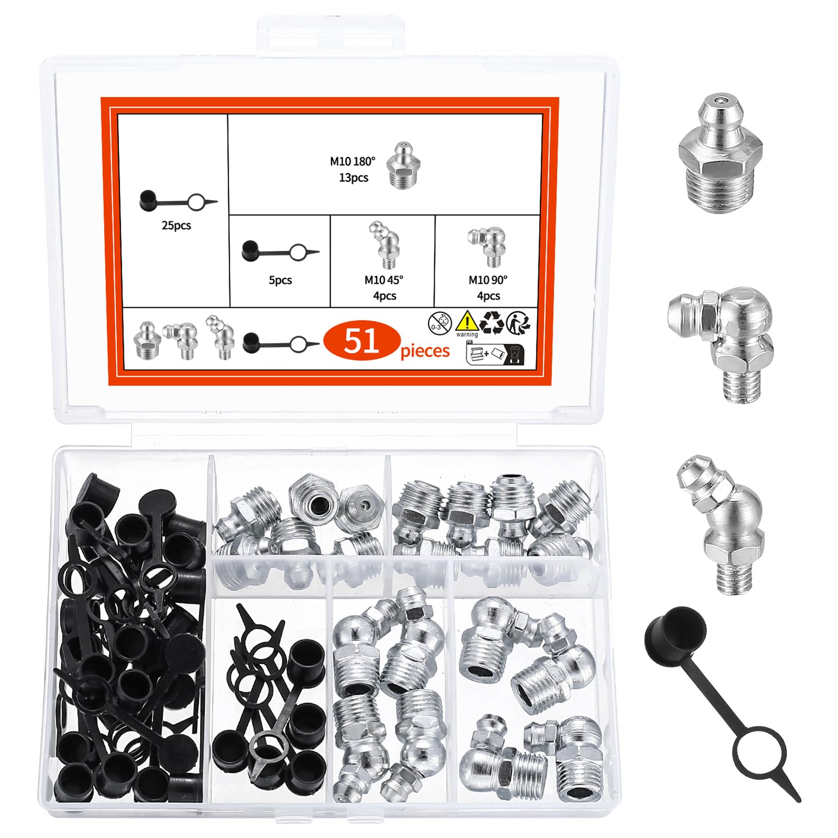 51 STK M10 Schmiernippel Sortiment Set für Fettpresse, Kegelschmiernippel für Schmierpressen, Gerade Abgewinkelt 45 ° 90 ° 180 ° Hydraulik Fettnippel Kegelnippel, Inkl 30 Schmiernippel Schutzkappe von MMDBD