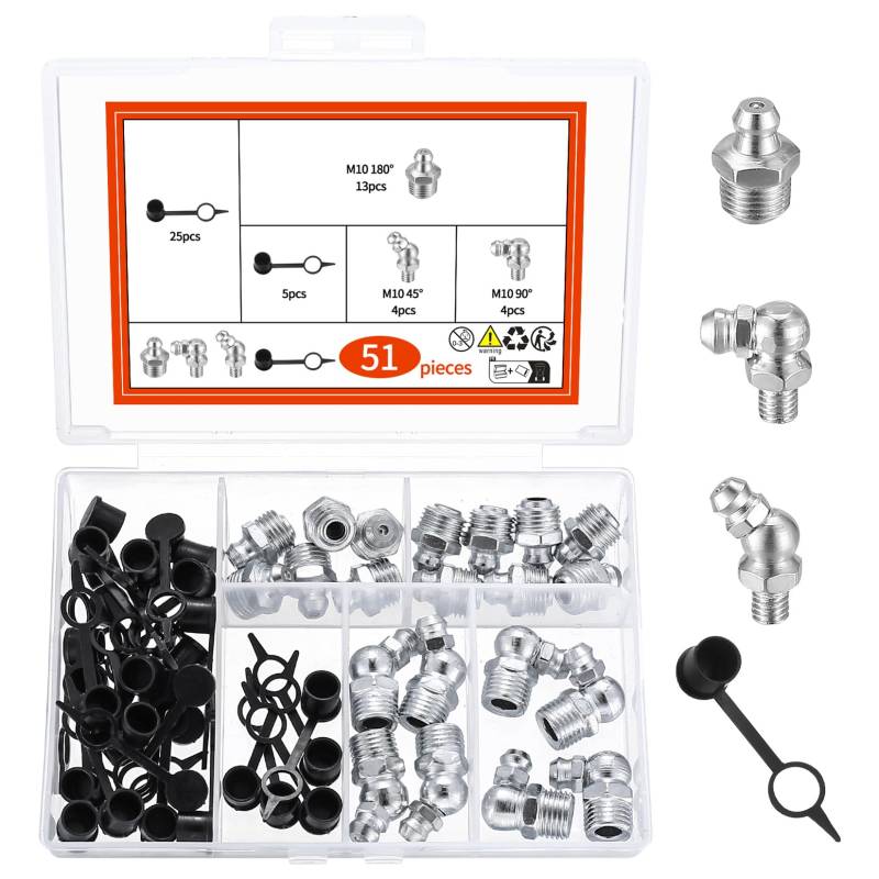 51 STK M10 Schmiernippel Sortiment Set für Fettpresse, Kegelschmiernippel für Schmierpressen, Gerade Abgewinkelt 45 ° 90 ° 180 ° Hydraulik Fettnippel Kegelnippel, Inkl 30 Schmiernippel Schutzkappe von MMDBD