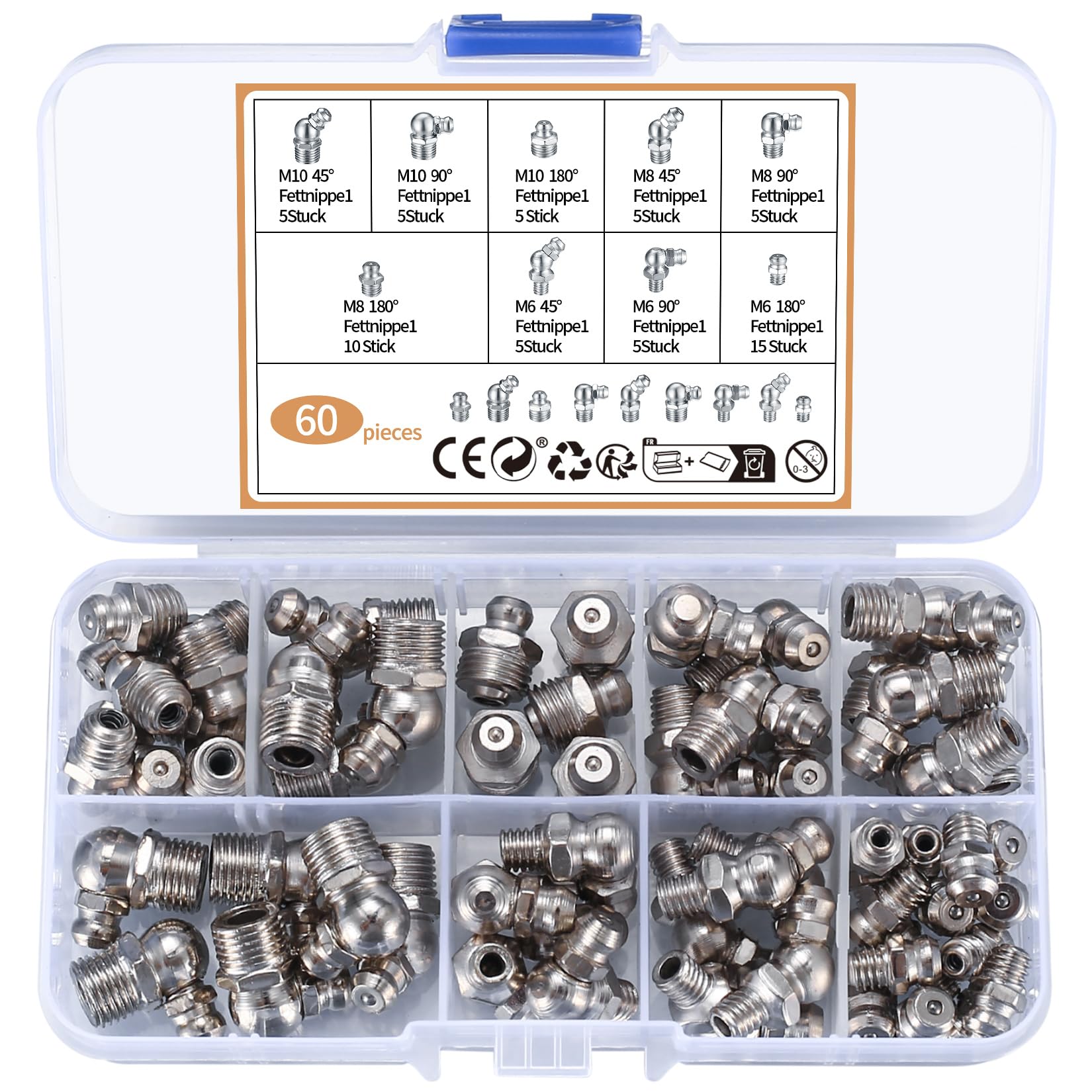 60 STK Schmiernippel Sortiment Kit, Kegelschmiernippel, Hydraulik Fettnippel, Abschmiernippel, Kegelnippel für Schmierpressen, Gerade 90°, Abgewinkelt 45°M6 M8 M10 von MMDBD