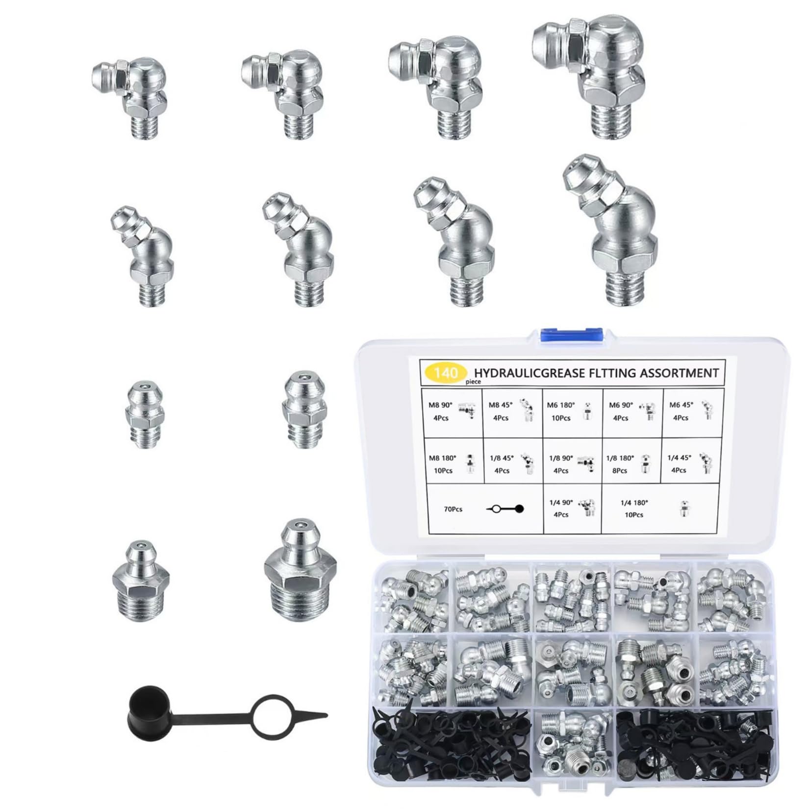MMDBD 70 STK Schmiernippel Sortiment Kit, M6 M8 Schmiernippel Fettnippel, Hydraulik Fettnippel, Abschmiernippel Kegelschmiernippel Set, 180° Gerade abgewinkelt 45°90° Kegelnippel für Schmierpressen von MMDBD