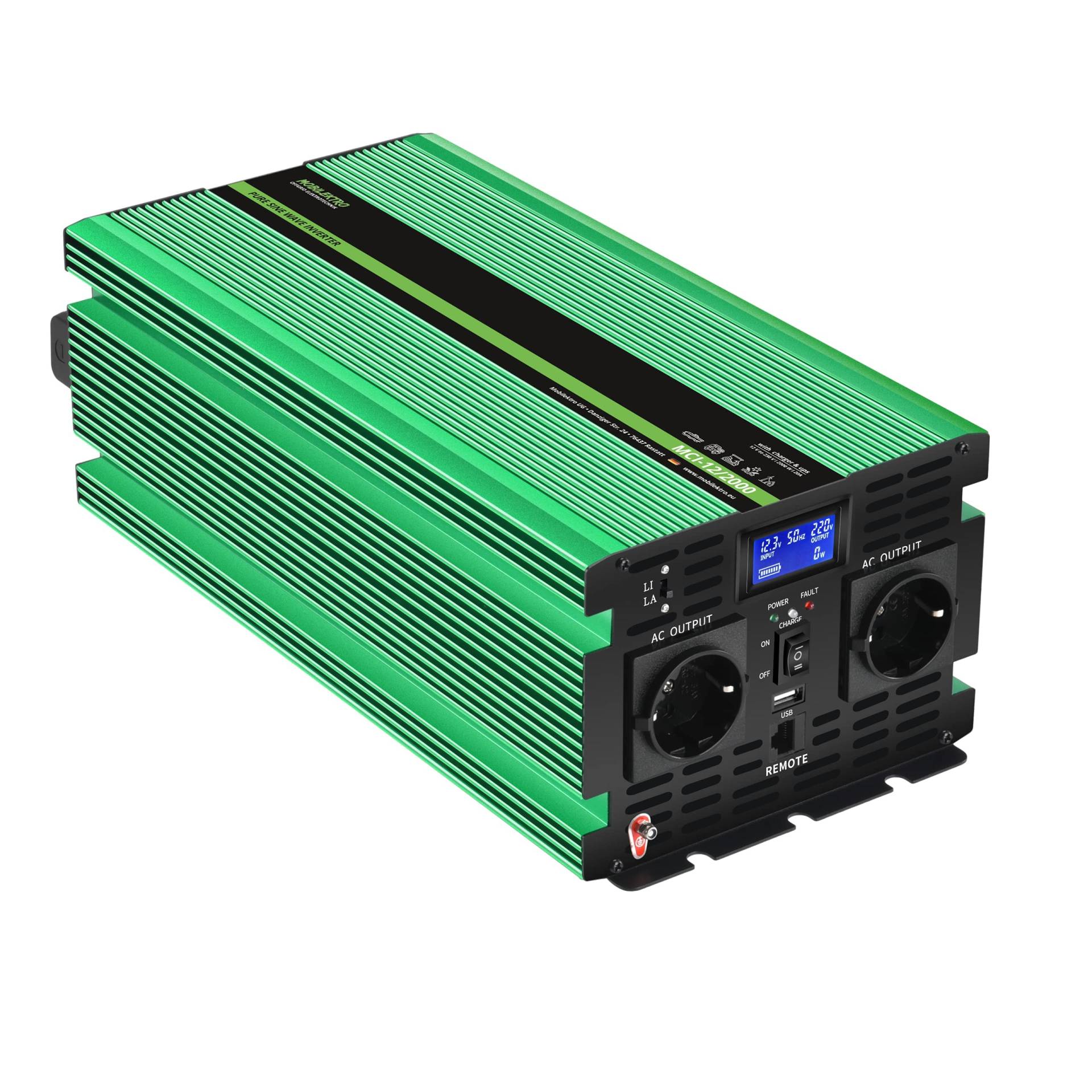 MOBILEKTRO® 2000W Reiner Sinus-Spannungswandler 12V auf 230V MCI-12/2000 Wechselrichter mit integriertem 20A Ladegerät mit NVS- und USV-Funktion Inverter Konverter incl. Fernsteuerung und LCD-Anzeige von MOBILEKTRO