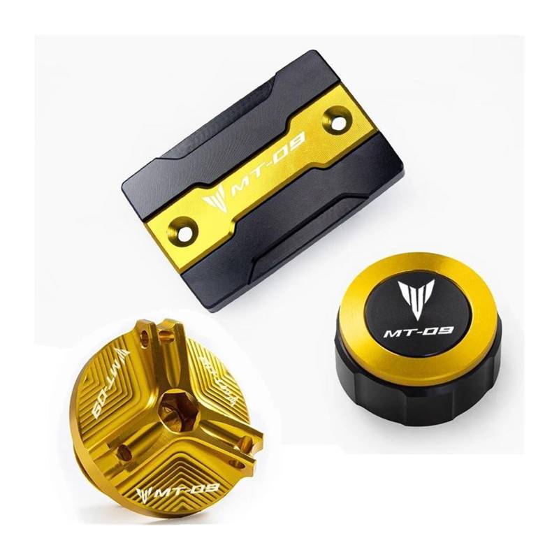 MOCALUX Für YA&MAHA MT09 MT 09 FZ09 2014–2019 2020. Vorderer und hinterer Bremsflüssigkeitsbehälter-Kappenschutz und Motoröl-Einfülldeckel(Gold,1 Set) von MOCALUX