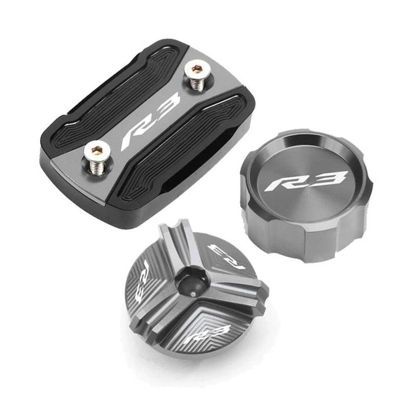 MOCALUX Für YA&MAHA R3 YZF-R3 YZFR3 2015-2023 Motorrad Vorne Hinten Brems Flüssigkeit Reservoir Abdeckung Öl Einfülldeckel Schraube(Gris,3pcs Set B) von MOCALUX