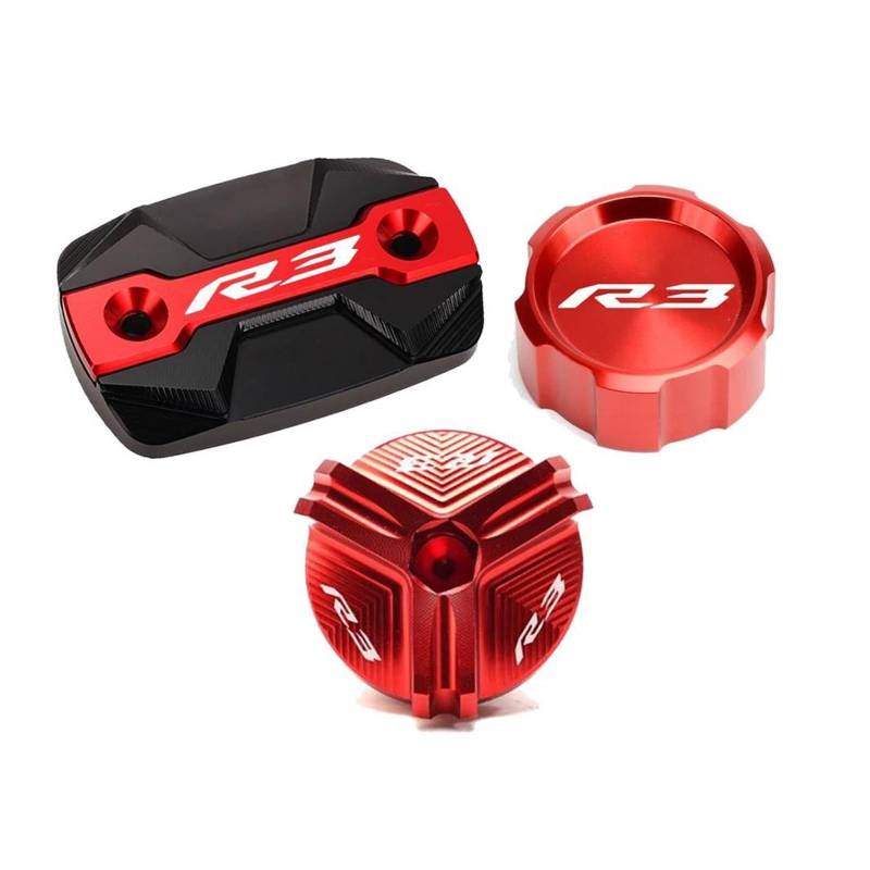 MOCALUX Für YA&MAHA R3 YZF-R3 YZFR3 2015-2023 Motorrad Vorne Hinten Brems Flüssigkeit Reservoir Abdeckung Öl Einfülldeckel Schraube(rot,3pcs Set A) von MOCALUX
