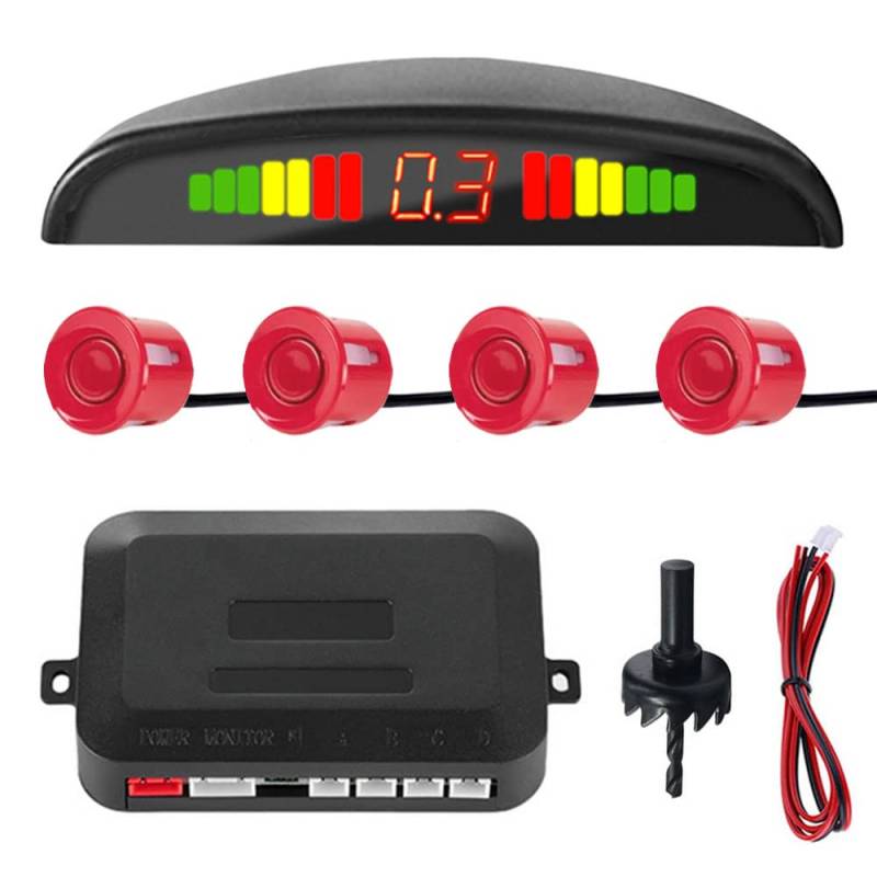 MOCNT Auto Einparkhilfe 4 Hinten Sensoren Rückfahrhilfe Kfz Rückfahrwarner Einparksystem Parksensoren Rückwärtsparkhilfe 12V LCD Display Buzzer Alarm Warnung Rot von MOCNT