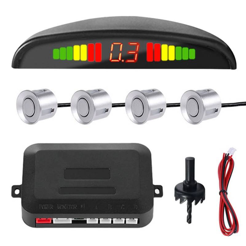 MOCNT Auto Einparkhilfe 4 Hinten Sensoren Rückfahrhilfe Kfz Rückfahrwarner Einparksystem Parksensoren Rückwärtsparkhilfe 12V LCD Display Buzzer Alarm Warnung Silber von MOCNT