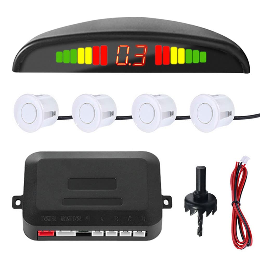 MOCNT Auto Einparkhilfe 4 Hinten Sensoren Rückfahrhilfe Kfz Rückfahrwarner Einparksystem Parksensoren Rückwärtsparkhilfe 12V LCD Display Buzzer Alarm Warnung Weiß von MOCNT