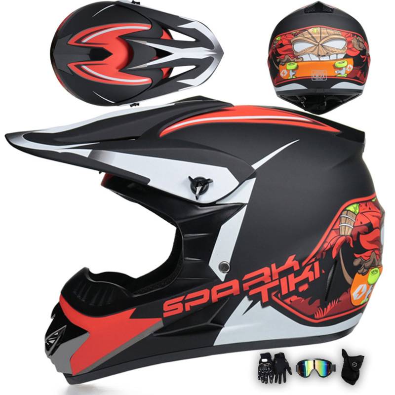 ECE Motorradhelm, Offroad-Motorradhelm Mit Schutzbrille, Handschuhen, Maske, Unisex-Dirtbike-Integralhelm Für ATV Mit Schnellverschlussgurt, Waschbarem Innenfutter,Red-XXL von MODRYER
