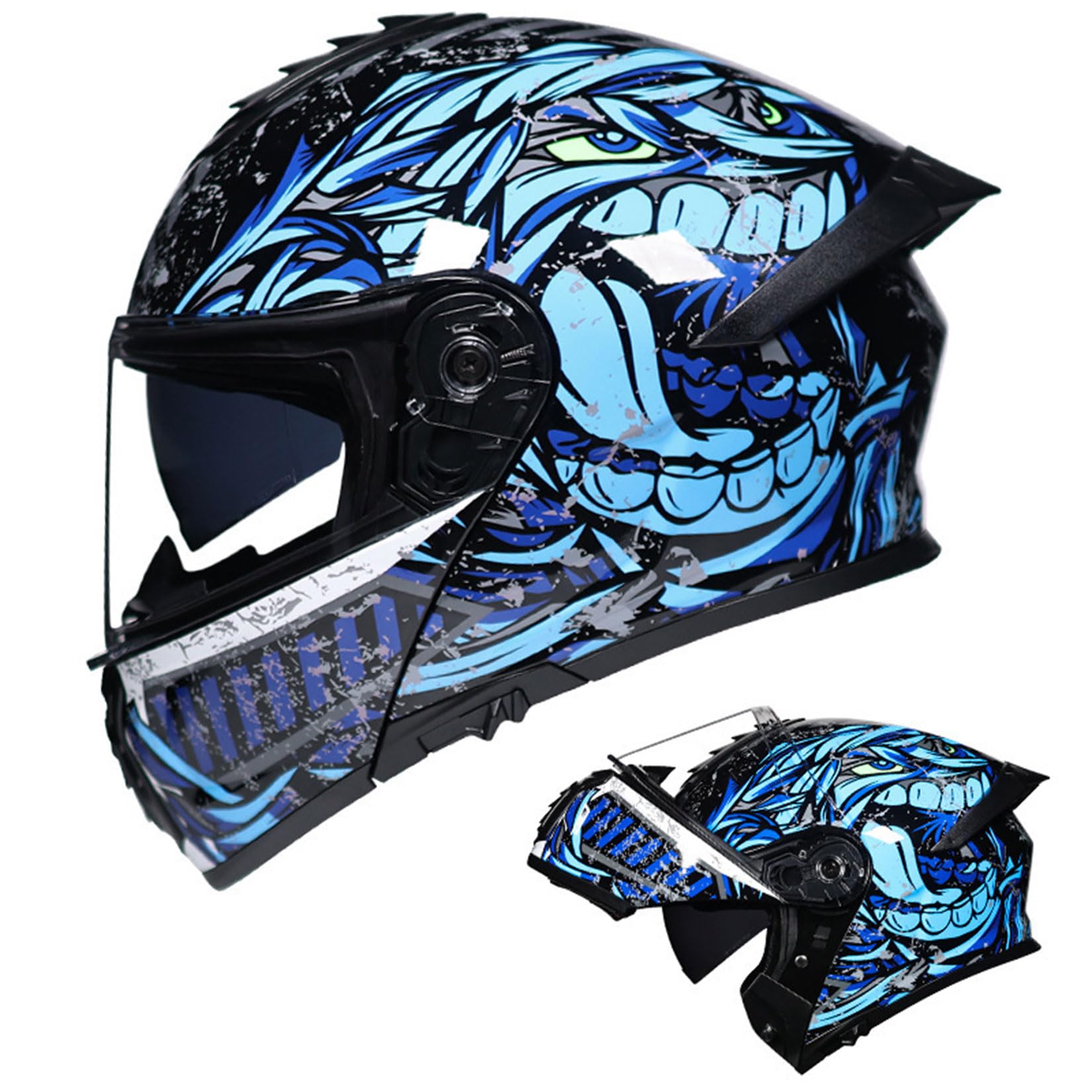 Integral Klapphelm Für Motorrad ECE Motocross Helme Mit Doppelvisier Unisex ErwachseneTeenager Street Dirt Bike Helm Für ATV Offroad Fahrten MX Rennen Quad Bike,Blue-XXL/61~62cm von MODRYER