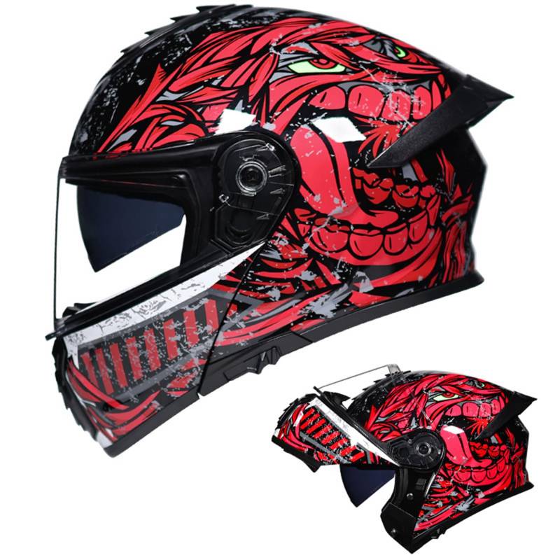 Integral Klapphelm Für Motorrad ECE Motocross Helme Mit Doppelvisier Unisex ErwachseneTeenager Street Dirt Bike Helm Für ATV Offroad Fahrten MX Rennen Quad Bike,Red-XL/59~60cm von MODRYER