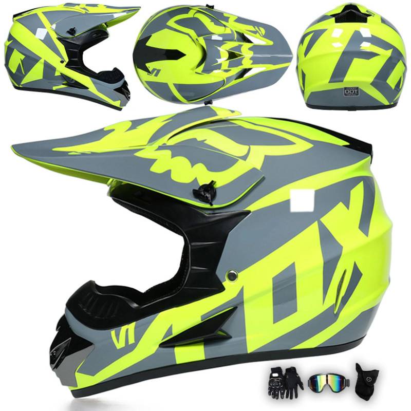 Motorrad Integralhelm Mit Schutzbrille, Handschuhen, Maske, Unisex Dirtbike Helme Mit Schnellverschlussgurt Für ATV Motocross Offroad Fahrten,Fluorescent Yellow-XL von MODRYER