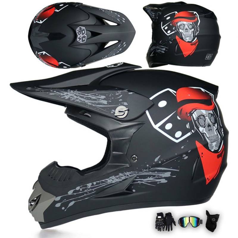 Motorradhelm Integralhelm Dirtbike-Helm Unisex Jugend Erwachsene ECE Motocross-Helm Für Extremes Offroad-Fahren, Mit Schutzbrille, Handschuhen Und Maske,Black-L von MODRYER