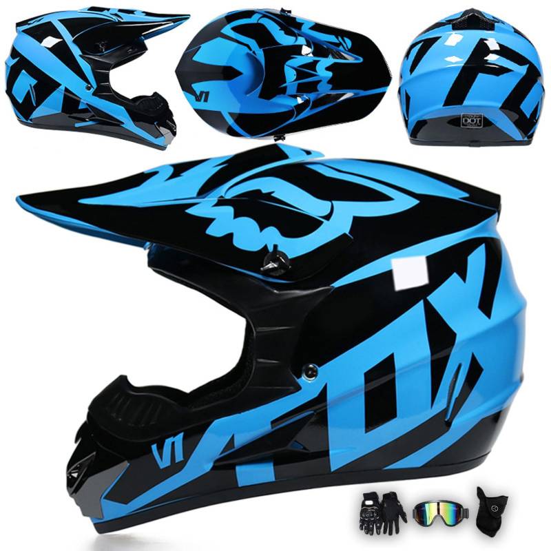 Motorradhelm Integralhelm Dirtbike-Helm Unisex Jugend Erwachsene ECE Motocross-Helm Für Extremes Offroad-Fahren, Mit Schutzbrille, Handschuhen Und Maske,Blue-L von MODRYER