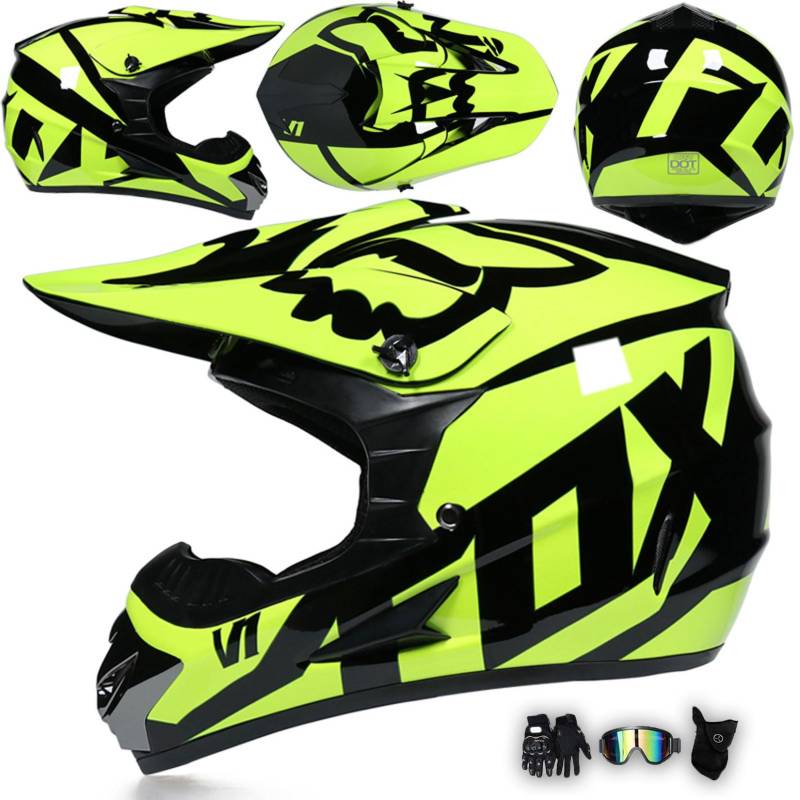 Motorradhelm Integralhelm Dirtbike-Helm Unisex Jugend Erwachsene ECE Motocross-Helm Für Extremes Offroad-Fahren, Mit Schutzbrille, Handschuhen Und Maske,Green-XXL von MODRYER