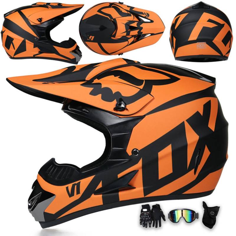 Motorradhelm Integralhelm Dirtbike-Helm Unisex Jugend Erwachsene ECE Motocross-Helm Für Extremes Offroad-Fahren, Mit Schutzbrille, Handschuhen Und Maske,Matte Orange-XXL von MODRYER