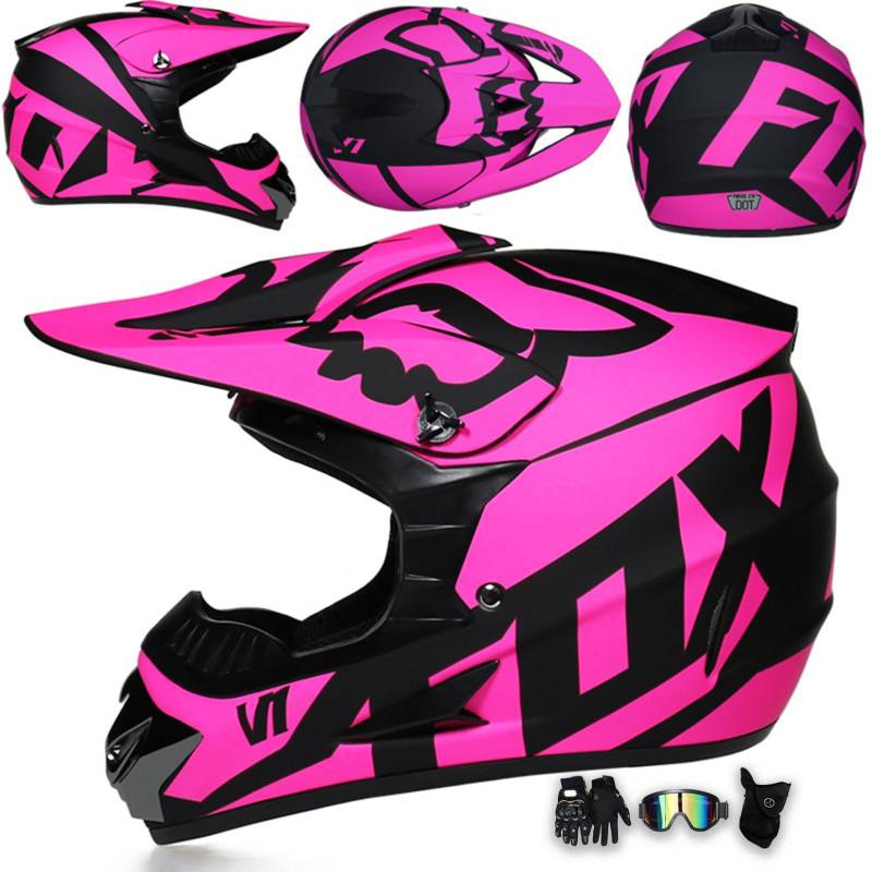 Motorradhelm Integralhelm Dirtbike-Helm Unisex Jugend Erwachsene ECE Motocross-Helm Für Extremes Offroad-Fahren, Mit Schutzbrille, Handschuhen Und Maske,Matte Pink-XXL von MODRYER