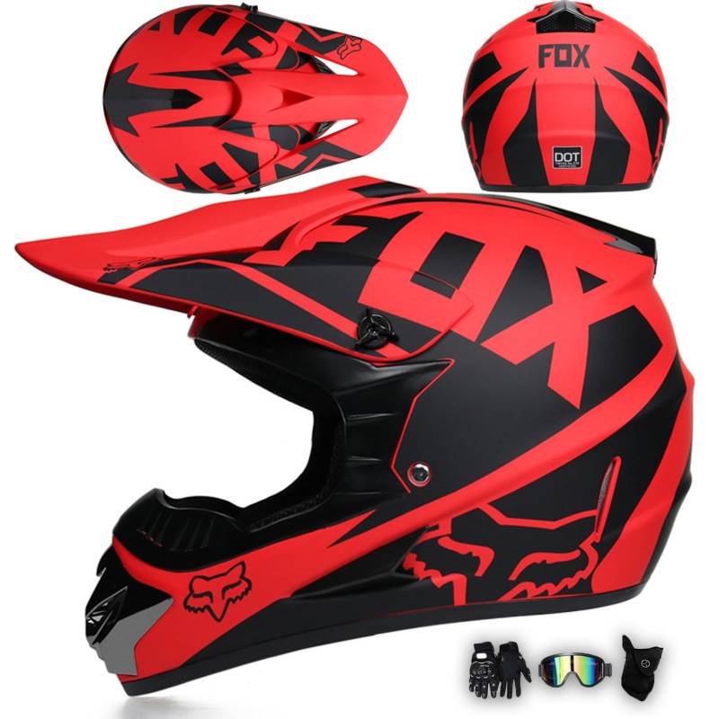 Motorradhelm Integralhelm Dirtbike-Helm Unisex Jugend Erwachsene ECE Motocross-Helm Für Extremes Offroad-Fahren, Mit Schutzbrille, Handschuhen Und Maske,Matte Red-L von MODRYER
