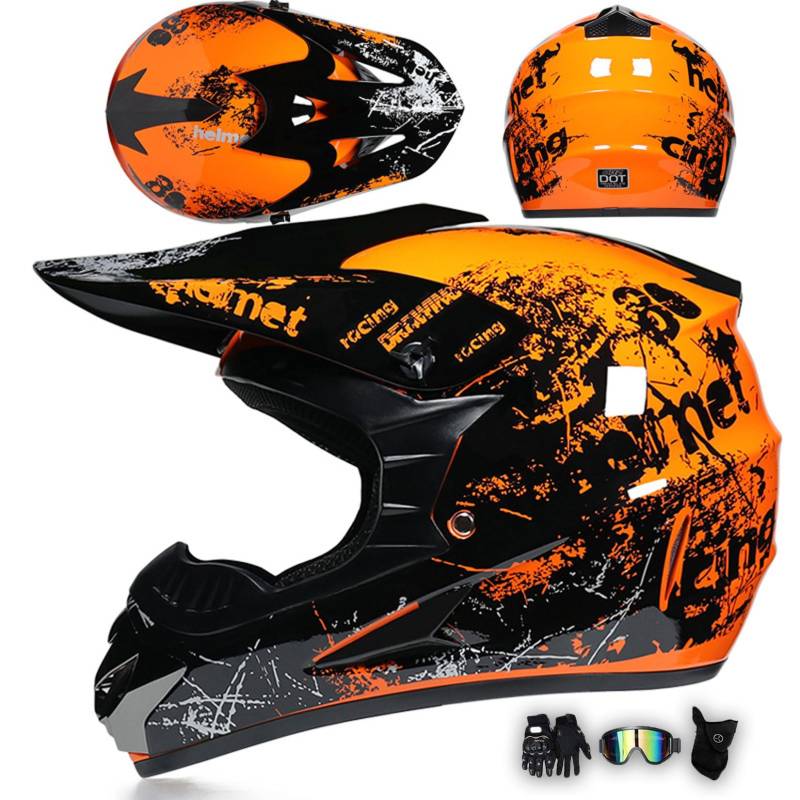 Motorradhelm Integralhelm Dirtbike-Helm Unisex Jugend Erwachsene ECE Motocross-Helm Für Extremes Offroad-Fahren, Mit Schutzbrille, Handschuhen Und Maske,Orange-XXL von MODRYER