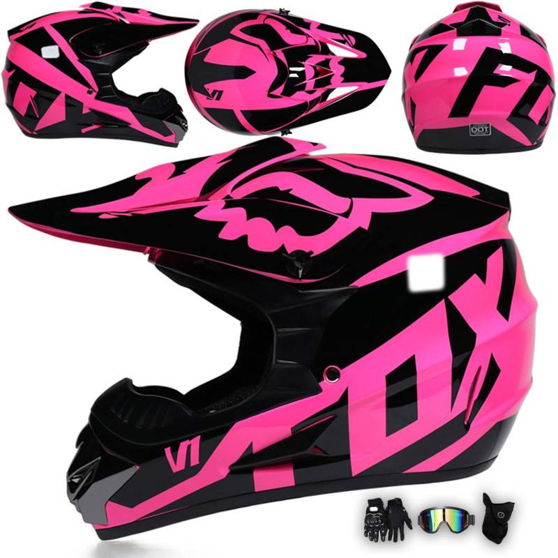 Motorradhelm Integralhelm Dirtbike-Helm Unisex Jugend Erwachsene ECE Motocross-Helm Für Extremes Offroad-Fahren, Mit Schutzbrille, Handschuhen Und Maske,Pink-S von MODRYER