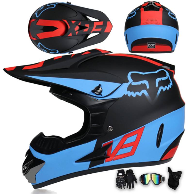 Motorradhelm Integralhelm Dirtbike-Helm Unisex Jugend Erwachsene ECE Motocross-Helm Für Extremes Offroad-Fahren, Mit Schutzbrille, Handschuhen Und Maske,R-M von MODRYER