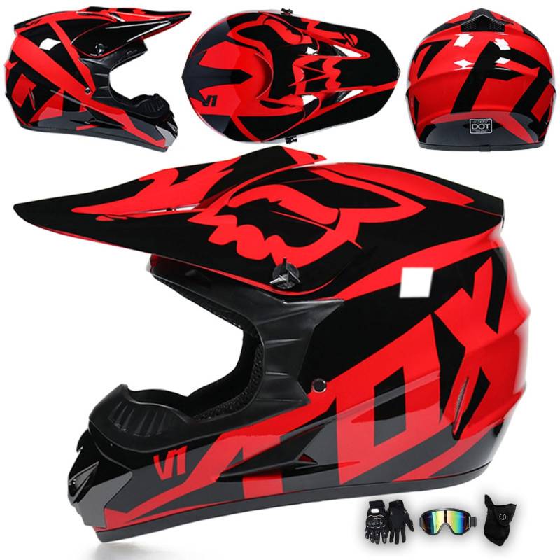 Motorradhelm Integralhelm Dirtbike-Helm Unisex Jugend Erwachsene ECE Motocross-Helm Für Extremes Offroad-Fahren, Mit Schutzbrille, Handschuhen Und Maske,Red-M von MODRYER