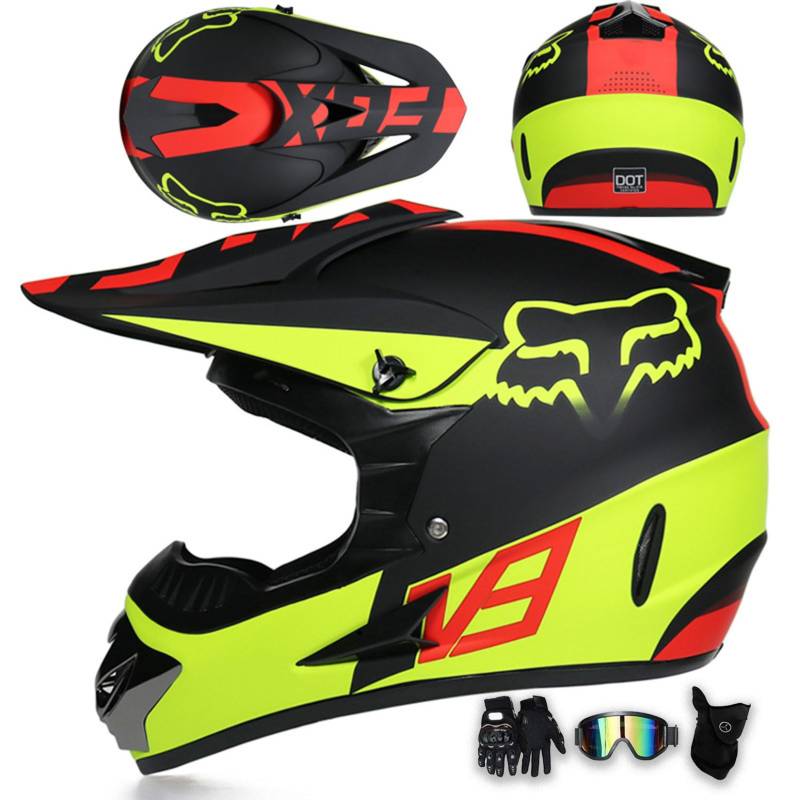 Motorradhelm Integralhelm Dirtbike-Helm Unisex Jugend Erwachsene ECE Motocross-Helm Für Extremes Offroad-Fahren, Mit Schutzbrille, Handschuhen Und Maske,T-XXL von MODRYER