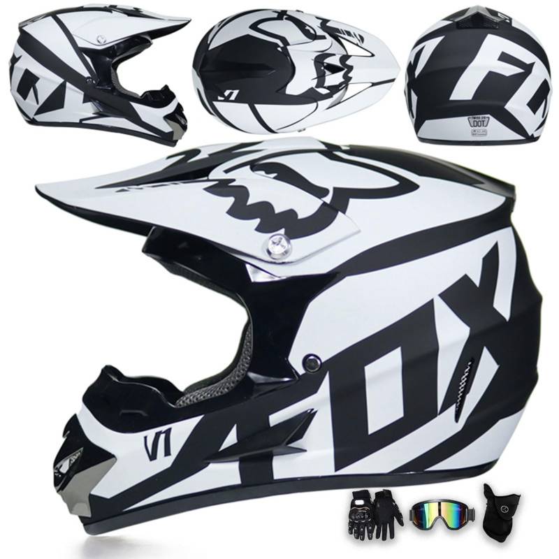 Motorradhelm Integralhelm Dirtbike-Helm Unisex Jugend Erwachsene ECE Motocross-Helm Für Extremes Offroad-Fahren, Mit Schutzbrille, Handschuhen Und Maske,White-XL von MODRYER