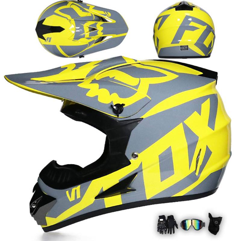 Motorradhelm Integralhelm Dirtbike-Helm Unisex Jugend Erwachsene ECE Motocross-Helm Für Extremes Offroad-Fahren, Mit Schutzbrille, Handschuhen Und Maske,Yellow-M von MODRYER