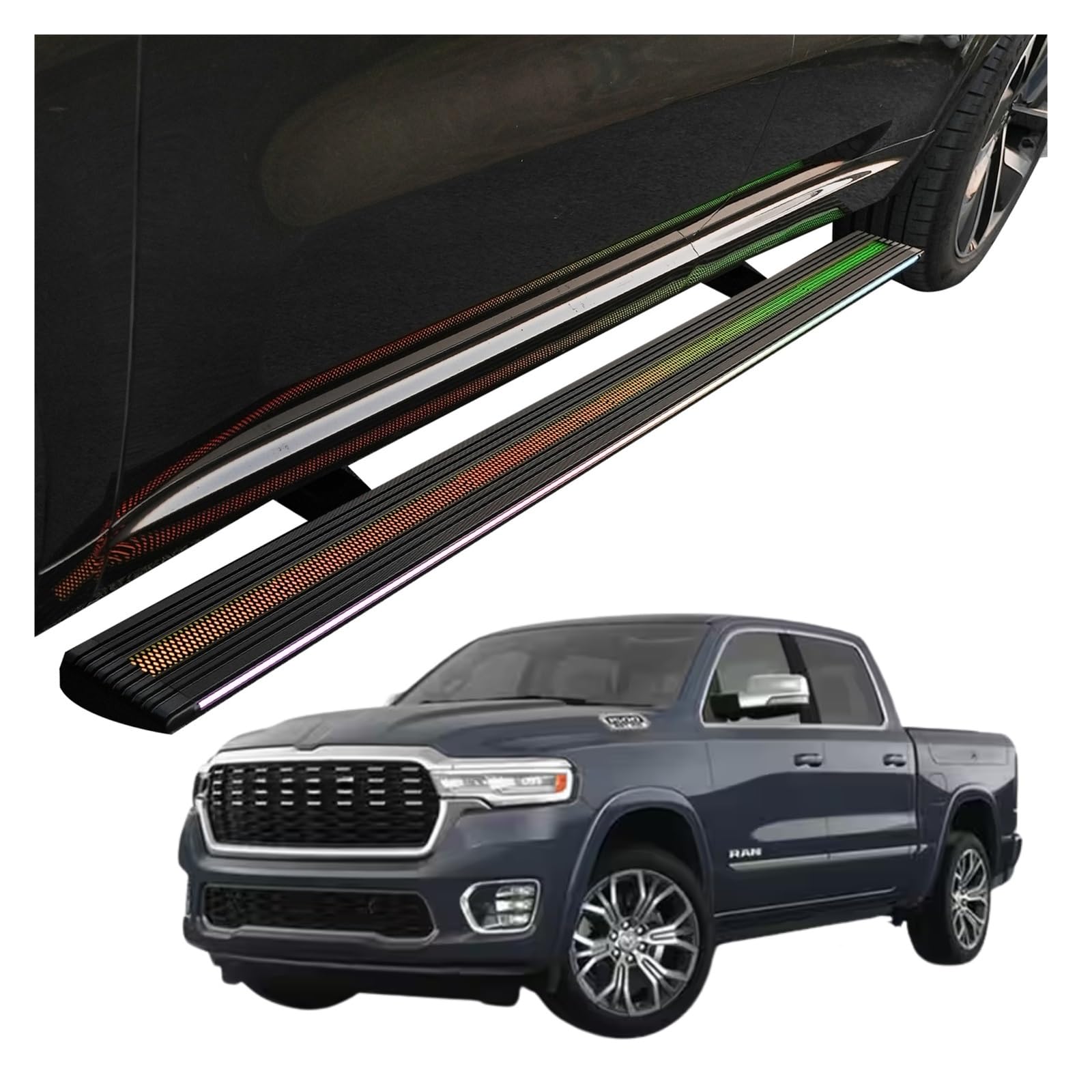 MOMOBP Automatisch einziehbare Trittbretter, kompatibel mit Dodge Ram 1500 (2019–2025) | App-gesteuerte LED-Leuchten, Tragkraft 271 kg | Wasserdicht for den Einsatz im Gelände und bei Nacht, Montage o von MOMOBP